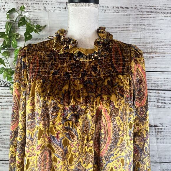 Ivy Jane Blouse Top size Extra Small Gold Blue Paisley Velour Smocking Peasant - Picture 5 of 13